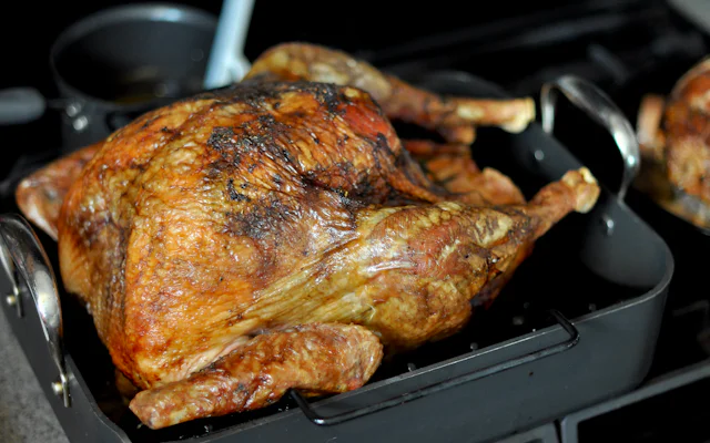 Roast turkey in a roasting pan